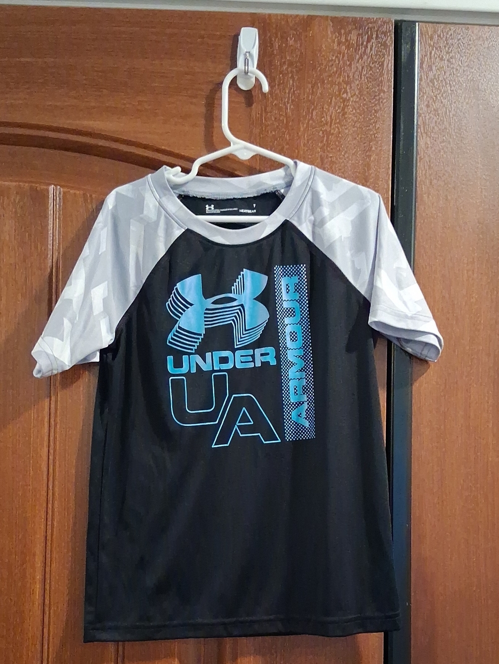 Under Armour Black Tee with Light Gray Raglan Sleeves and Blue Logo